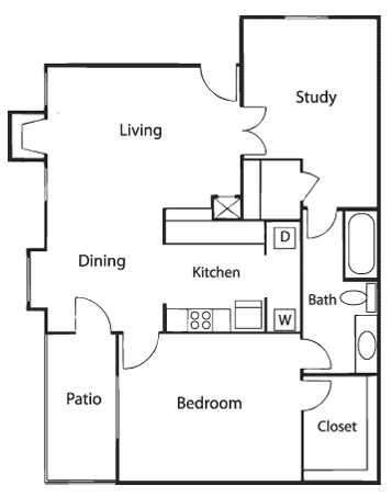 Floor plan for 1 bed, 1 bath, 836 sqft